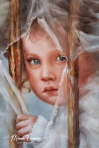 Realistic portrait of a boy with blue eyes, hand-painted on a porcelain plate using an open oil technique by Marina Fiamingo.