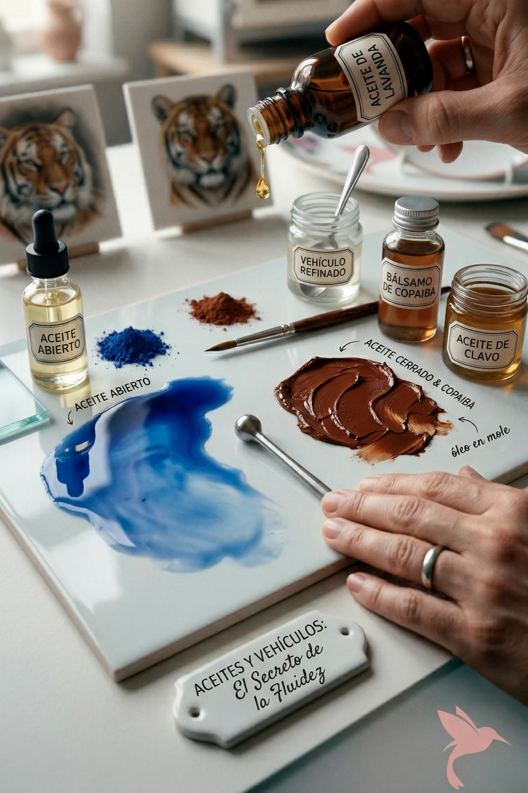 Vertical macro photograph (9:16) in Marina Fiamingo's studio, showing a hand with a ring mixing cobalt blue pigment with open oil on a porcelain palette using a metal spatula, with a drop of lavender essential oil suspended. On the left, brushstrokes of open oil are melted; on the right, impasto textures of closed oil and copaiba. A porcelain plaque in the foreground bears the text: "OILS AND VEHICLES: The Secret of Fluidity.".