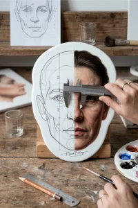 An authentic and less posed close-up of Marina Fiamingo's workspace. On a rustic wooden workbench, the white porcelain bust with the hyperrealistic female portrait rests on a workshop stand, with anatomical grid lines (1/3, 1/2) still visible beneath. Organically scattered precision tools include a metal Vernier caliper, a metal ruler, the special grease pencil (labeled "special grease pencil"), and the palette used with oil pigments in mole and the hummingbird logo. The authentic background displays anatomical sketches and test pieces.