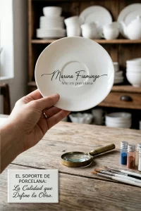 Macro fotografía vertical (9:16) en el taller de Marina Fiamingo. Una mano (con un anillo) presenta un plato de porcelana virgen perfectly blanco sobre una mesa de madera rústica, donde el logotipo completo de "Marina Fiamingo Arte en porcelana" está aplicado como un MockUp limpio y nítido sobre la superficie. Junto al plato, hay una lupa y pinceles. Al fondo, una estantería de madera rústica llena de muchas otras vajillas vírgenes sin logo (platos, tazas, tazones). Una placa de porcelana en primer plano lleva el texto: "EL SOPORTE DE PORCELANA: La Calidad que Define la Obra".