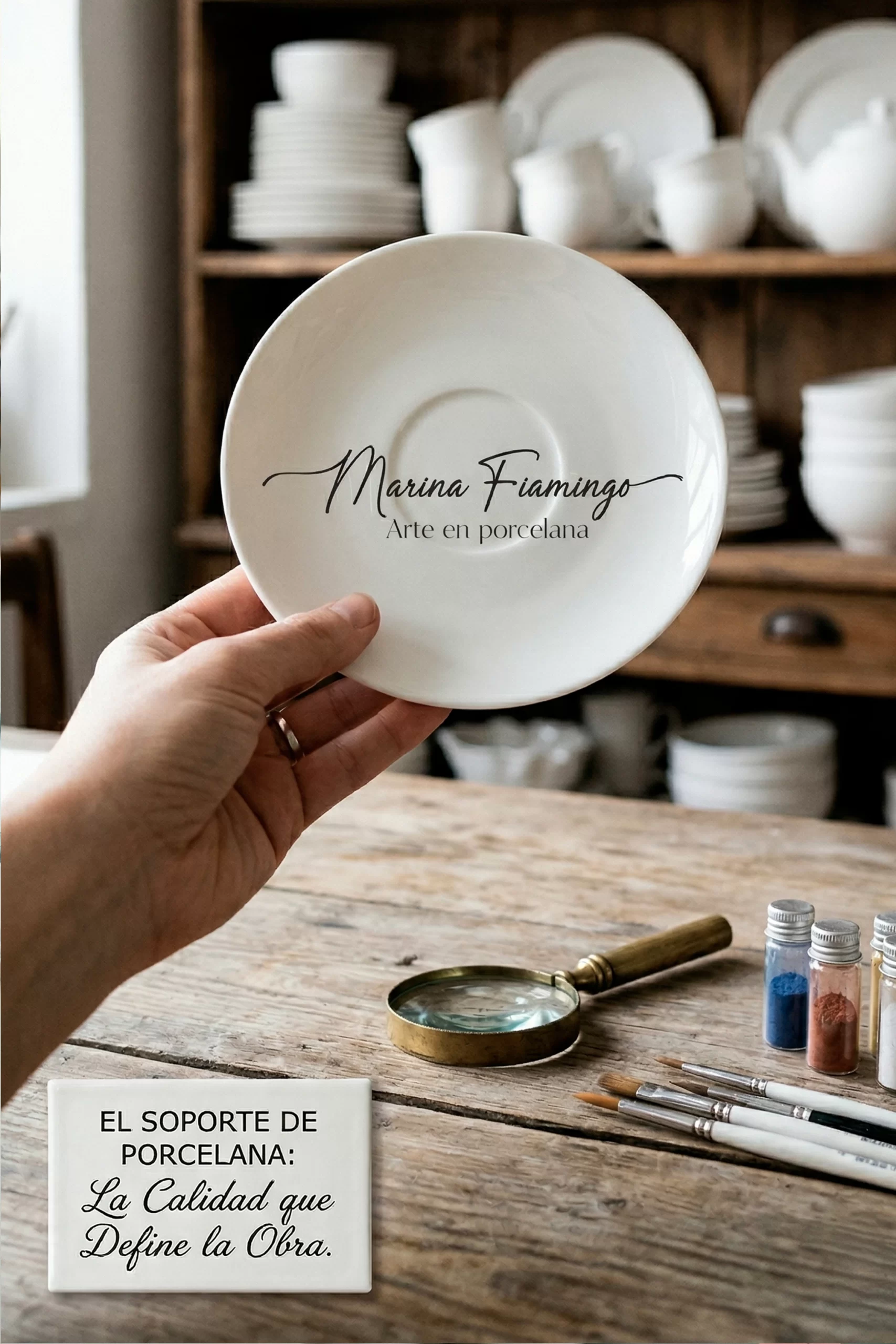 Vertical macro photograph (9:16) in Marina Fiamingo's workshop. A hand (wearing a ring) holds a perfectly white, unglazed porcelain plate on a rustic wooden table, where the full "Marina Fiamingo Porcelain Art" logo is applied as a clean and crisp mock-up. Next to the plate are a magnifying glass and paintbrushes. In the background, a rustic wooden shelf is filled with many other unglazed, unbranded tableware pieces (plates, cups, bowls). A porcelain plaque in the foreground bears the text: "THE PORCELAIN SUPPORT: The Quality that Defines the Work.".