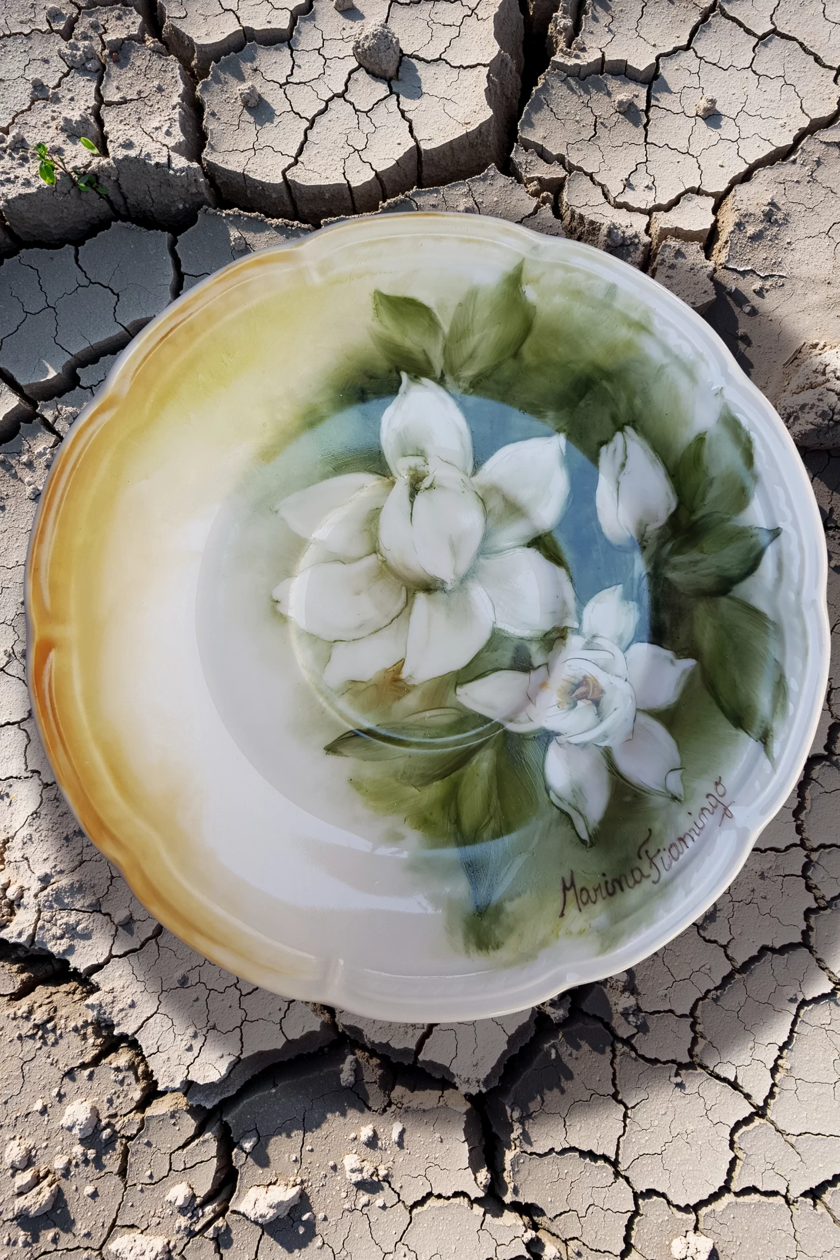 Placa de porcelana pintada a mano con una rosa en tonos sepia y bordes marchitos, ilustrando la técnica de realismo botánico y la belleza de lo imperfecto por Marina Fiamingo.
