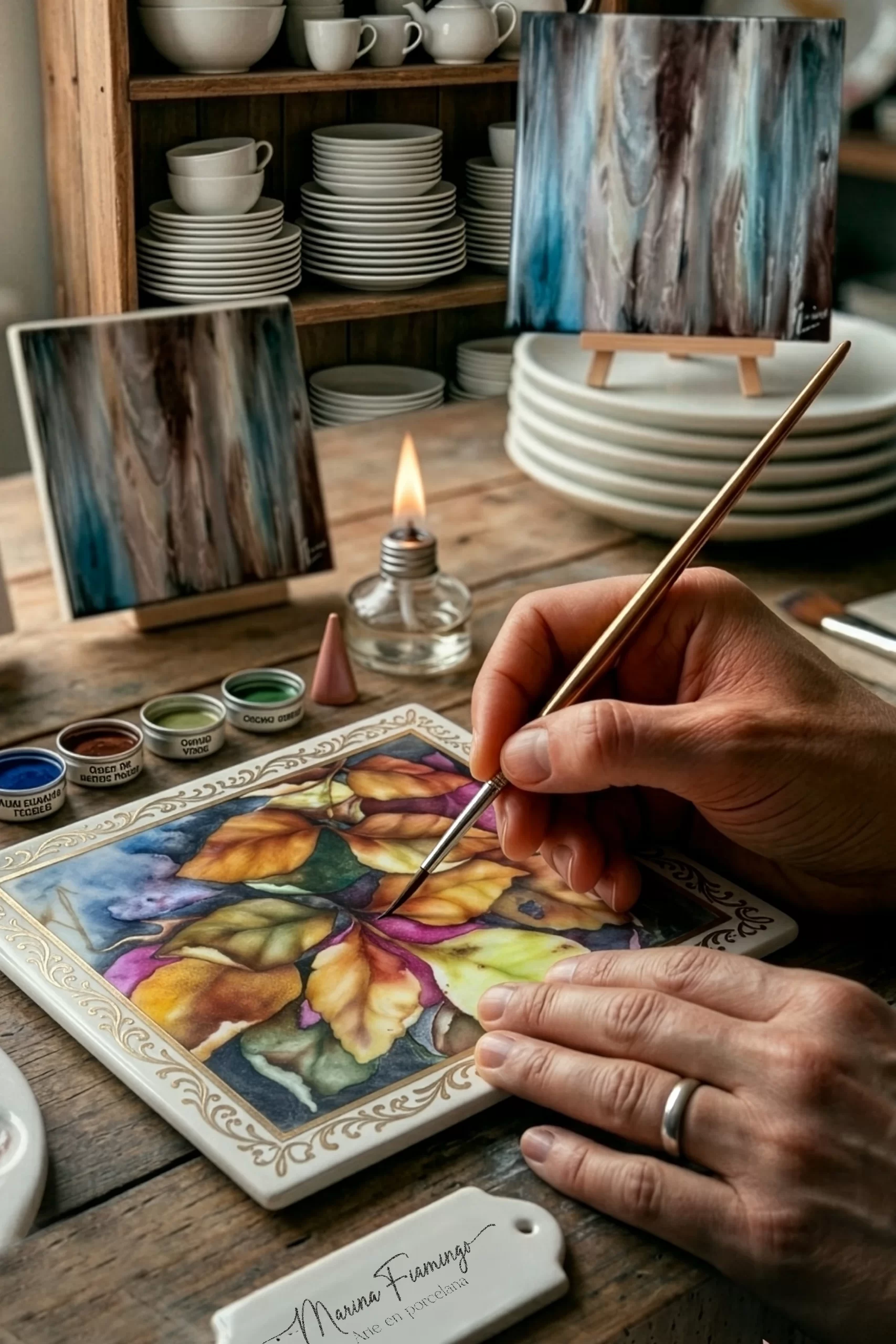 Un primer plano macro y auténtico (9:16 vertical) capturado en el rústico Atelier de Marina Fiamingo en Buenos Aires, Argentina. Muestra la mano de un artista (con un anillo de casada) utilizando un pincel fino rigger para aplicar líneas fluidas y espontáneas de pigmento negro directamente sobre una placa de porcelana virgen y blanca, formando un diseño botánico curvilíneo sin guías de lápiz ni calcos. La placa de porcelana central presenta el diseño de las hojas otoñales de la obra de Marina Fiamingo. Sobre el banco de trabajo de madera gastada en primer plano, hay una placa de porcelana hecha a mano con texto manuscrito elegante que dice: 'PINTURA A MANO ALZADA: Libertad y Precisión Confía en tu ojo y pulso.' Al lado, viales de pigmentos fluidos (manganeso negro), pocillos con pigmentos cohesivos, una pequeña lámpara de alcohol encendida simbolizando el fuego y un frasco de 'ACEITE DE LAVANDA ETERNA. La luz es suave y natural.