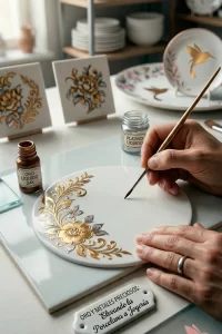 Macro fotografía vertical (9:16) en el taller de Marina Fiamingo, mostrando la mano del artista con un anillo aplicando oro líquido crudo (marrón viscoso) a una placa de porcelana usando un pincel fino exclusivo. La placa ya tiene filigranas de oro brillante cocido y acentos de platino. Un vial abierto de "ORO LÍQUIDO 24K" y uno de "PLATINO LÍQUIDO" están presentes al lado de la placa. Al fondo, un horno de quema con brillo cálido y estantes con piezas de porcelana coleccionables. Una placa de porcelana en primer plano lleva el texto: "ORO Y METALES PRECIOSOS: Elevando la Porcelana a Joyería".