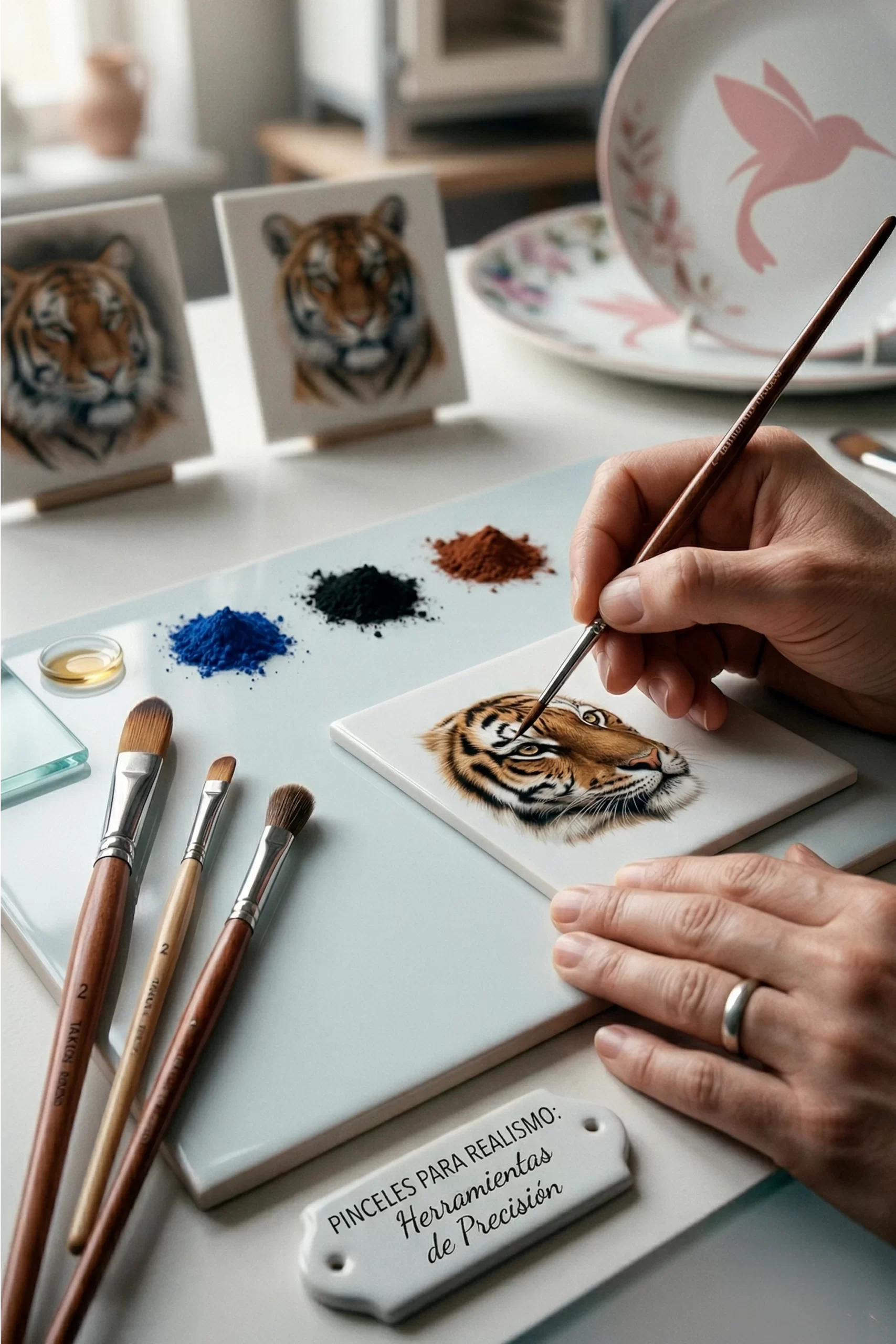 Close-up of an artist's hand wearing a ring, using an extra-fine Taklon synthetic brush to paint a hyperrealistic tiger head portrait on a white porcelain tile. Surrounding the painting are more brushes, powdered pigments, other tiger portraits, and a porcelain plaque inscribed with the text: "BRUSHES FOR REALISM: Precision Tools." A workshop kiln is visible in the background.