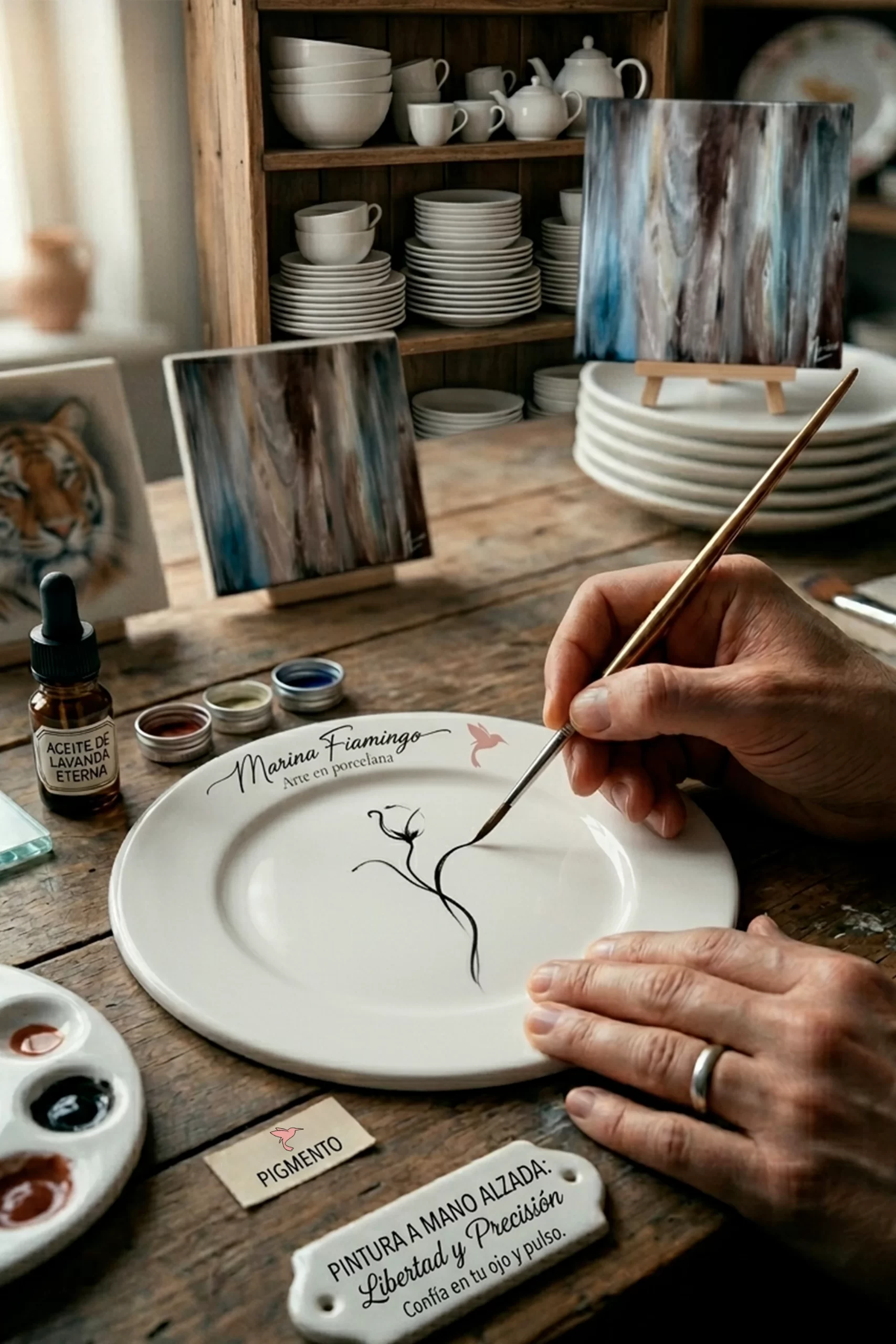 Un primer plano macro y auténtico (9:16) capturado en el rústico Atelier de Marina Fiamingo en Buenos Aires, Argentina. Muestra la mano de un artista (con un anillo de casada) utilizando un pincel rigger fino para aplicar líneas negras fluidas y espontáneas directamente sobre una placa de porcelana virgen y blanca, formando un diseño botánico curvilíneo sin guías de lápiz ni calcos. En la placa, cerca del borde, hay mockups del logotipo completo: "Marina Fiamingo Arte en porcelana" (imagen_39.png) y el isotipo del colibrí (imagen_38.png). Sobre el banco de trabajo de madera gastada en primer plano, hay una placa de porcelana hecha a mano con texto manuscrito elegante que dice: 'PINTURA A MANO ALZADA: Libertad y Precisión'. Al lado, viales de pigmentos fluidos (manganeso negro, siena), un pocillo con pigmentos cohesivos y un frasco de 'ACEITE ABIERTO' (imagen_7.png). En el fondo suavemente desenfocado, estanterías rústicas llenas de vajilla virgen y en proceso (imagen_13.png). En un estante superior, una obra libre completada con texturas ricas (imagen_41.png) está en exhibición. La luz es suave y natural.
