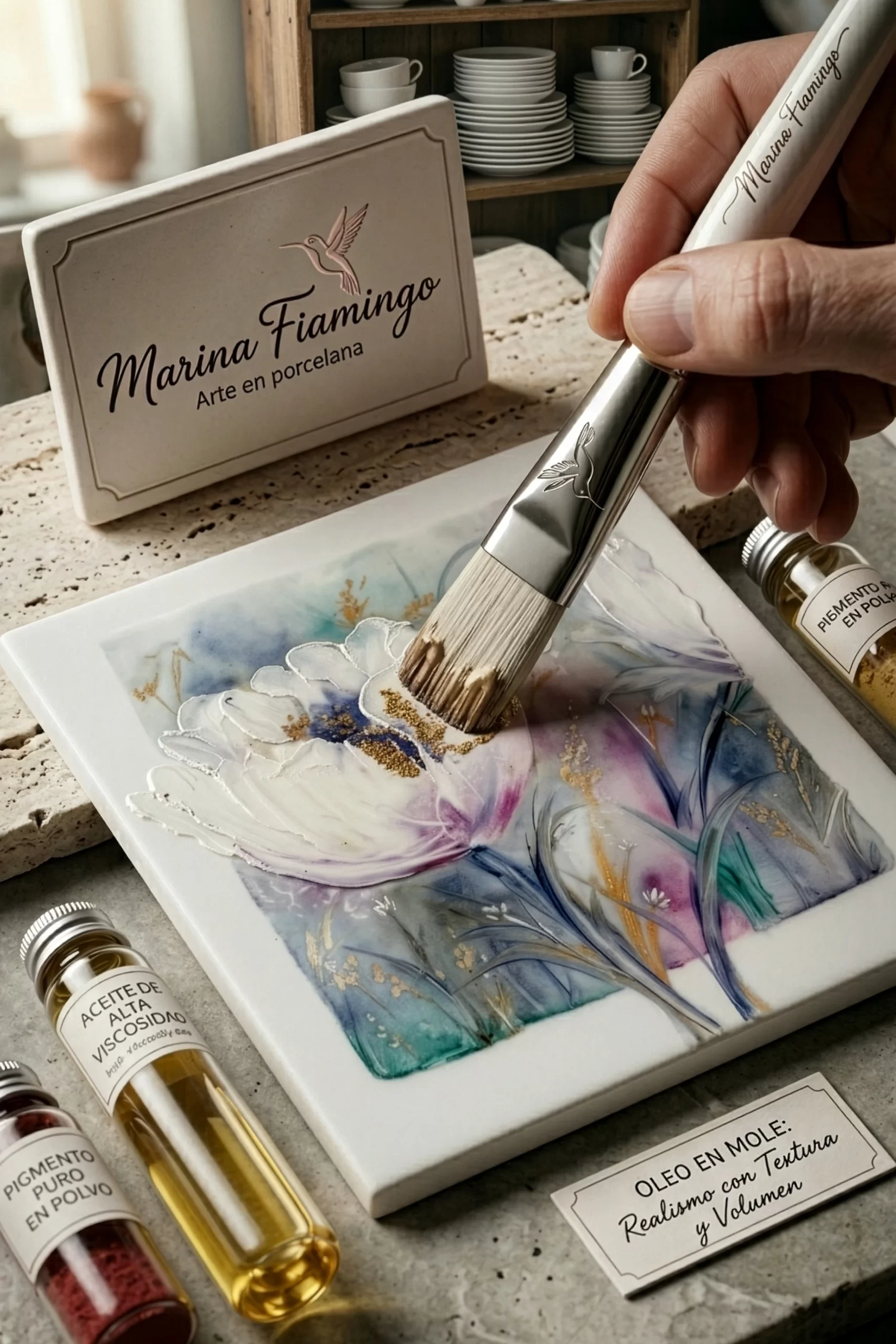 A vertical macro photograph (9:16) in a sophisticated art studio depicts stone and marble textures. It shows a close-up of a premium porcelain brush (with the hummingbird logo on the ferrule) manipulating a dense, full-bodied impastro of Óleo en Mole paint, creating textures of tree bark and rose petals on a smooth porcelain plate. Two porcelain plates in mockup mode are present: one on the left with the full logo: "Marina Fiamingo Art in Porcelain," and a small text plate on the right that reads: "ÓLE EN MOLE: Realism with Texture and Volume." Vials of high-viscosity oils and refined powder pigments are nearby. Dramatic chiaroscuro lighting.